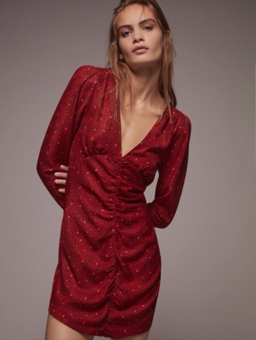 Zara Red Sparkle V-Neck Ruched Mini Dress